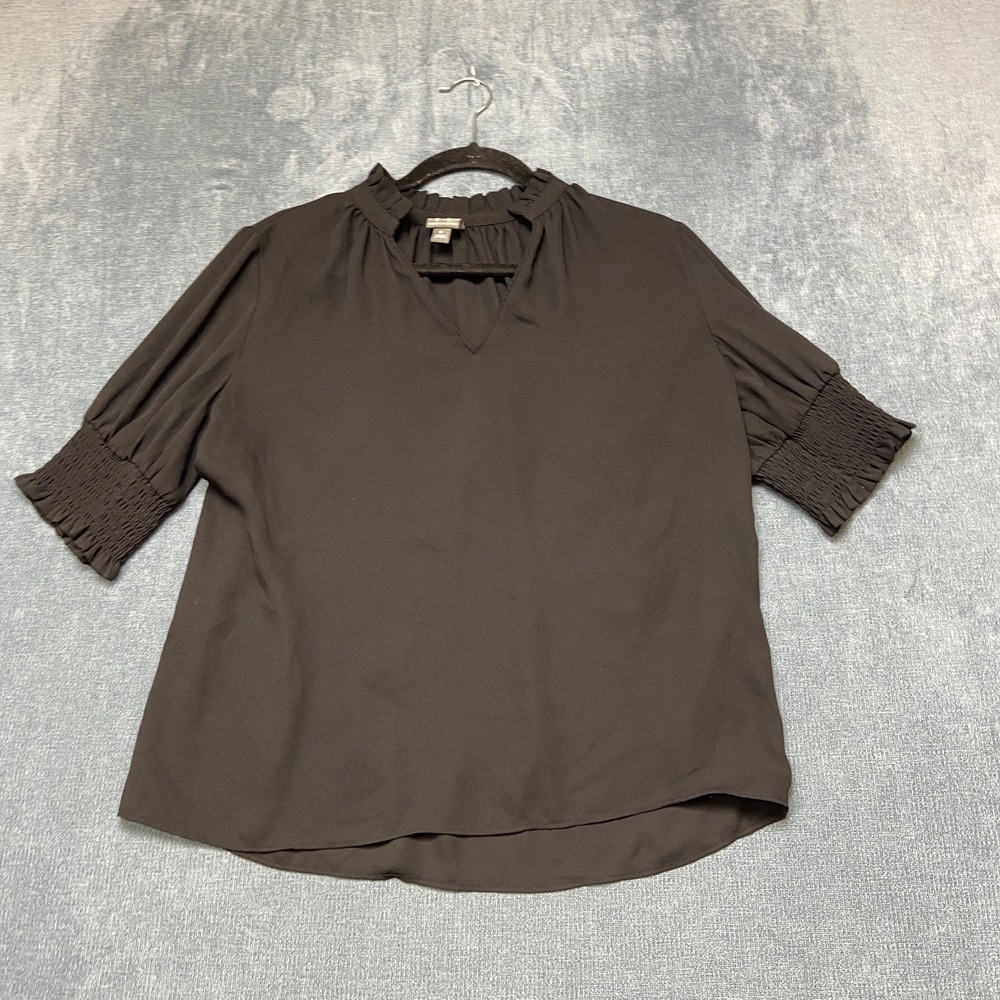 Worthington Blouse Top Womens Medium Black V-Neck Smocked Cuff Detail Pullover